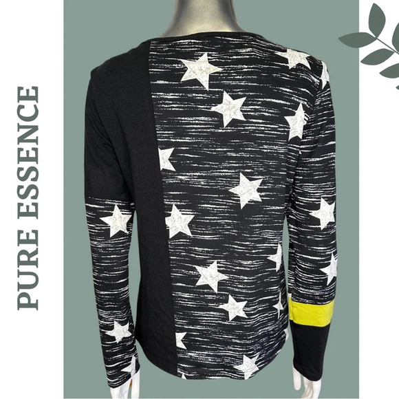 Pure Essence Long Sleeve Knit Top Color Block Star Print Back Yellow White - Picture 4 of 8